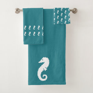 Seahorse Ocean Teal blue and white Bath Towel Set