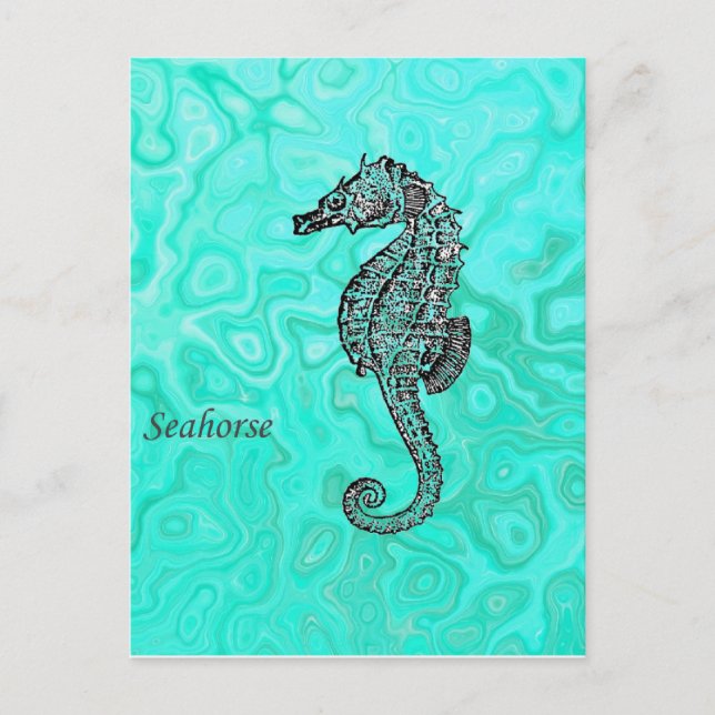 Seahorse on Aqua Splash Turquoise Marble Pattern Postcard (Front)