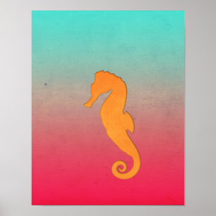 Seahorse orange silhouette Simple nautical beach Poster