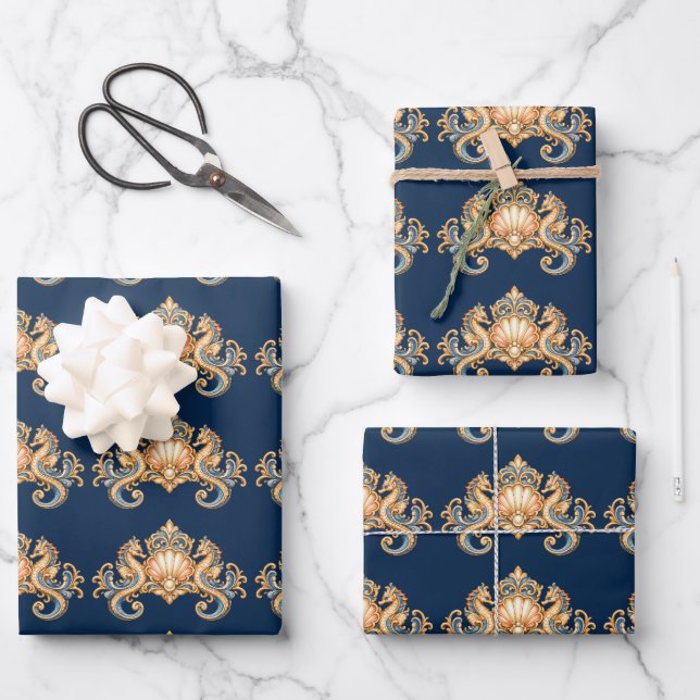 Seahorse pattern blue orange decoupage wrapping paper sheet (Front)