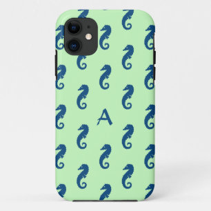 Seahorse Pattern in Mint Green & Navy Monogram Case-Mate iPhone Case