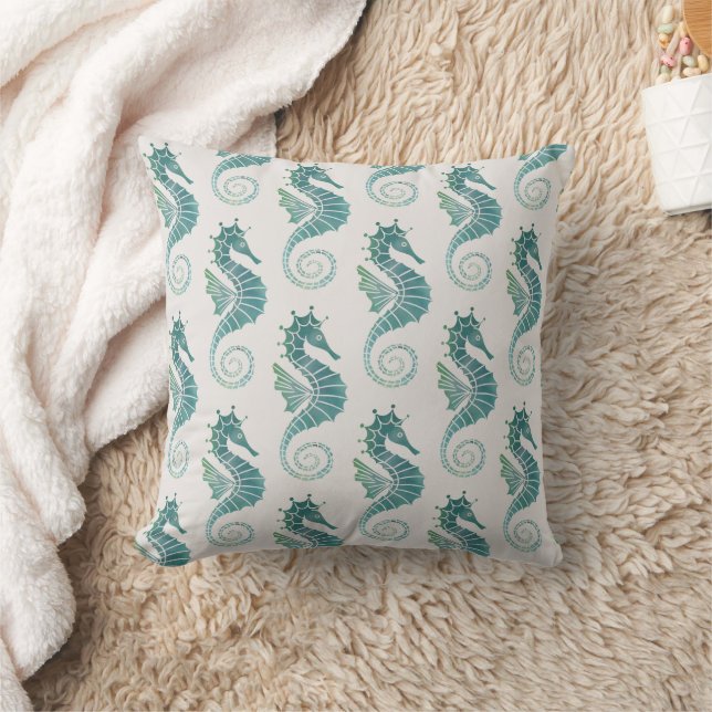 Seahorse Pattern Teal Cream Ocean Monogram Cushion (Blanket)