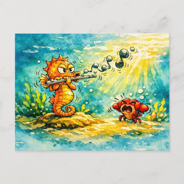 Seahorse playing flute cartoon   postcard (Front)