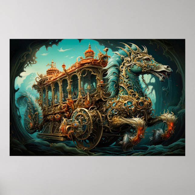 Seahorse Pulling Ornate Carriage Of Travellers Poster (Front)