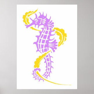 Seahorse purple, yellow and seaweed poster