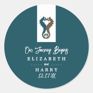 Seahorse Romance, Beach Wedding Classic Round Sticker