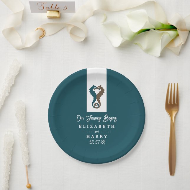 Seahorse Romance, Beach Wedding Paper Plate (Wedding)