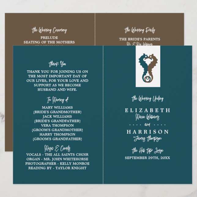 Seahorse Romance, Beach Wedding Programme (Front/Back)