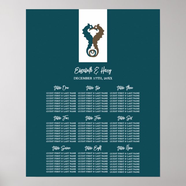 Seahorse Romance, Beach Wedding Seating Chart (Front)