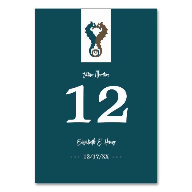 Seahorse Romance, Beach Wedding Table Number (Front)
