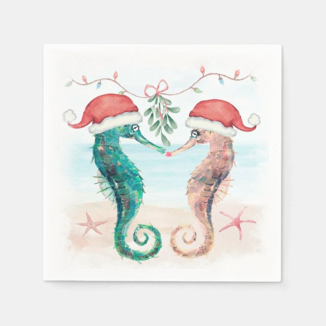 Seahorse Santa Coastal Christmas Kiss Beach   Napkin (Front)