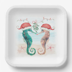 Seahorse Santa Coastal Christmas Kiss Beach Paper Plate