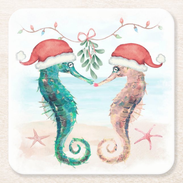 Seahorse Santa Coastal Christmas Kiss Beach  Square Paper Coaster (Front)