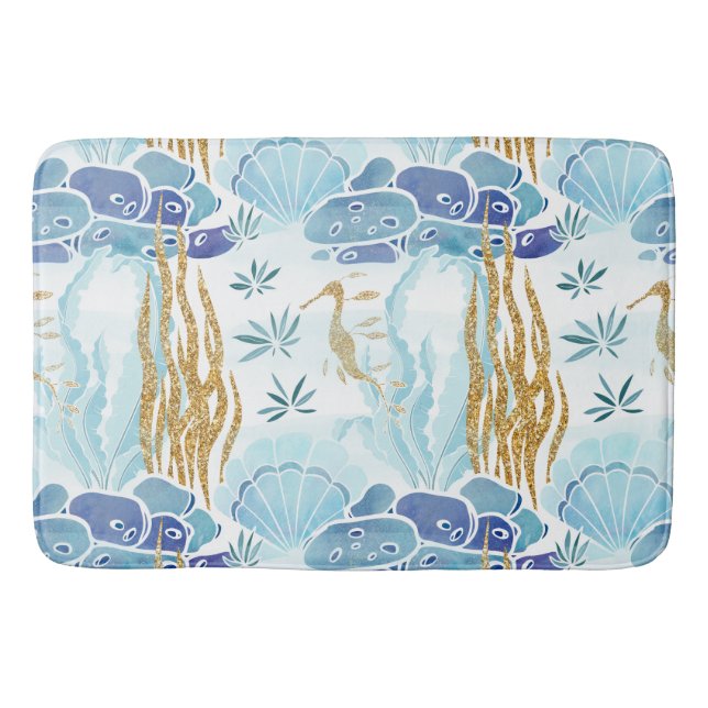 Seahorse Seashells Gold Glitter Blue Ocean Bath Mat (Front)
