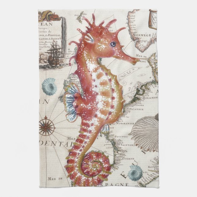 Seahorse Shabby Tea Towel (Vertical)