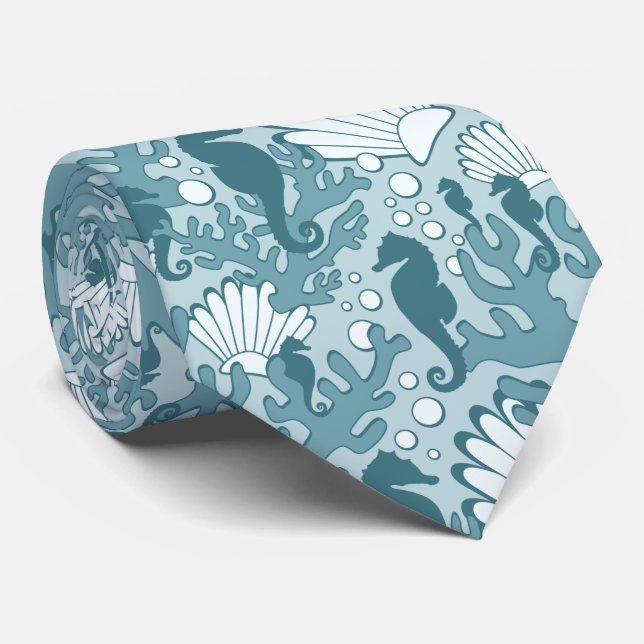 Seahorse Shell Coral Pattern Teal Neck Tie (Rolled)