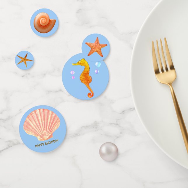Seahorse, shell, stars & pearl on light blue table confetti (Group)