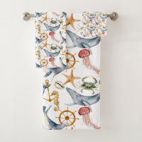 Seahorse, Ships Wheel, whales, Crab, Starfish