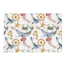 Seahorse, Ships Wheel, whales, Crab, Starfish