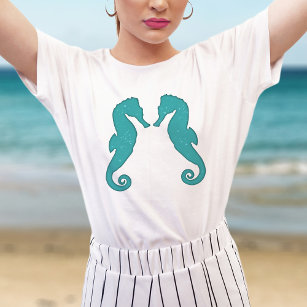 Seahorse silhouettes Aqua Blue Simple nautical T-Shirt