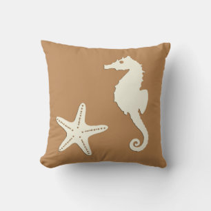 Seahorse & starfish - cocoa brown and beige cushion