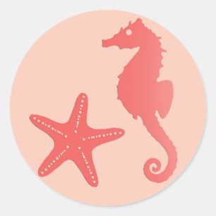Seahorse & Starfish, Coral Orange  Classic Round Sticker