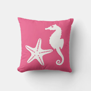 Seahorse & starfish - Coral Pink and White Cushion