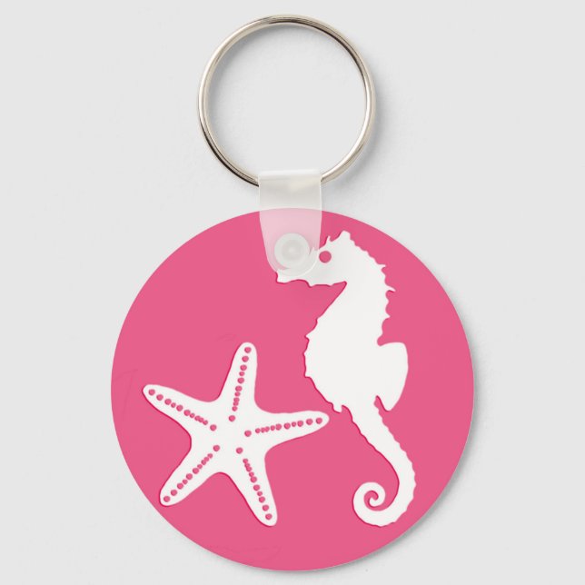 Seahorse & starfish - Coral Pink and White Key Ring (Front)