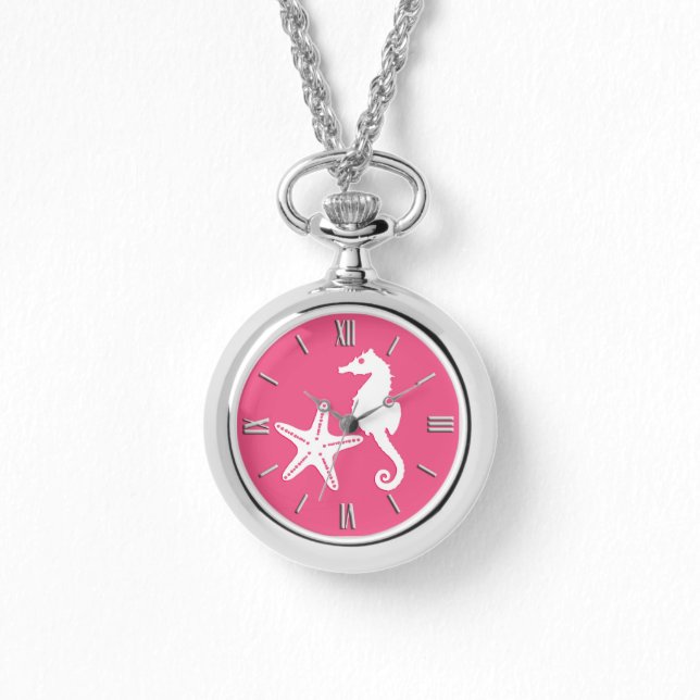 Seahorse & starfish - Coral Pink and White Watch (Front)