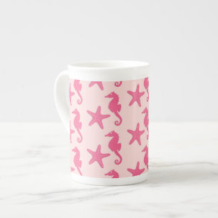 Seahorse & starfish - coral pink bone china mug