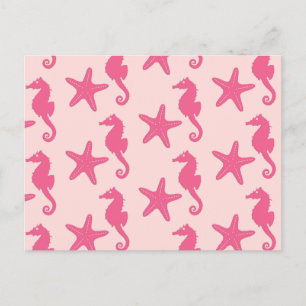 Seahorse & starfish - coral pink postcard