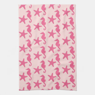 Seahorse & starfish - coral pink tea towel