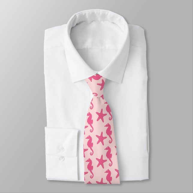 Seahorse & starfish - coral pink tie (Tied)
