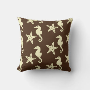 Seahorse & starfish - dark brown and beige cushion
