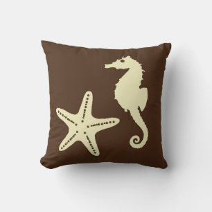 Seahorse & starfish - dark brown and beige cushion