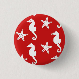 Seahorse & starfish - dark coral red and white 3 cm round badge
