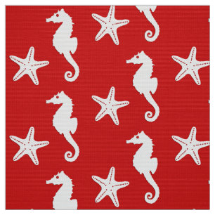Seahorse & starfish - dark coral red and white fabric