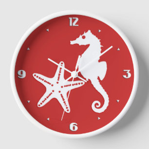 Seahorse & starfish - dark coral red and white wall clock