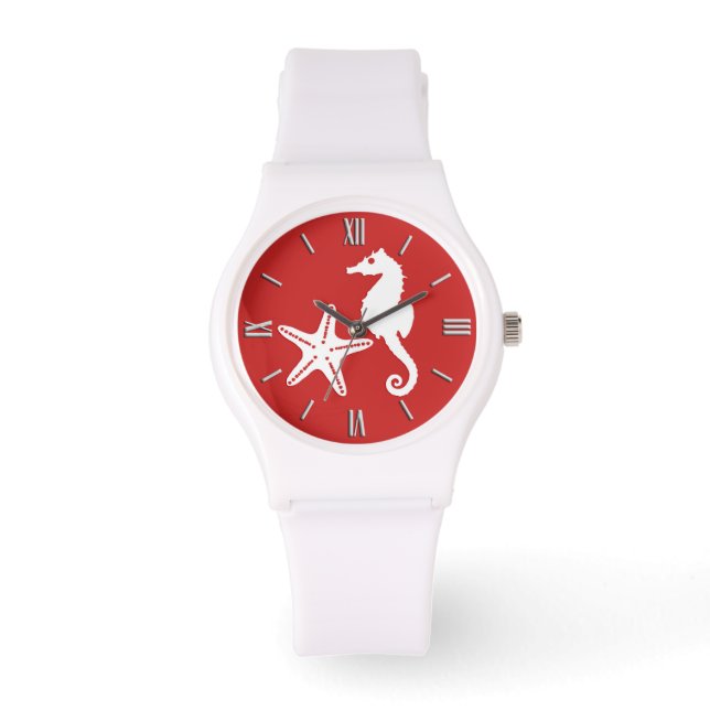Seahorse & starfish - dark coral red and white watch (Front)