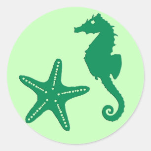 Seahorse & Starfish, Emerald & Pastel Green  Classic Round Sticker