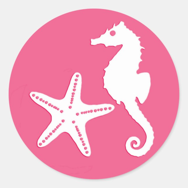 Seahorse & Starfish, Fuchsia Pink and White Classic Round Sticker (Front)