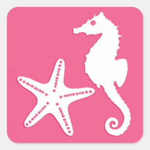 Seahorse & Starfish, Fuchsia Pink and White Square Sticker
