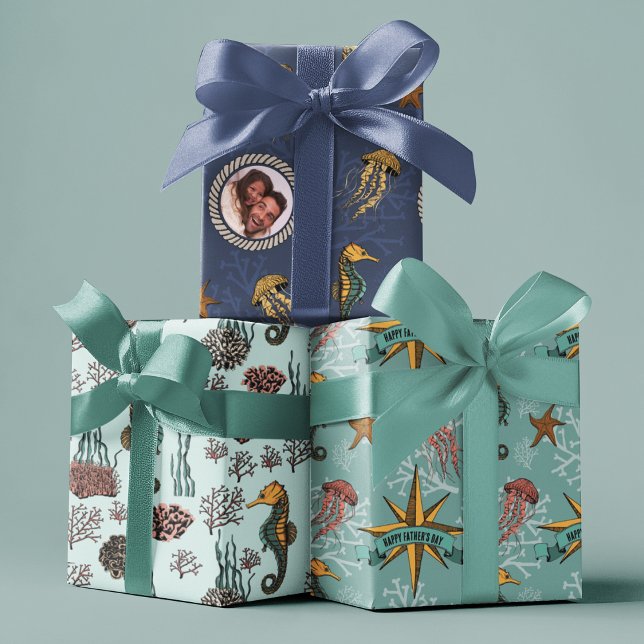 Seahorse, Starfish, Jellyfish & Coral Nautical Wrapping Paper Sheet (Fun Sea Animals (Seahorse, Jellyfish, Starfish) Drawings in Ink. 
Custom Photo & Personalized Text.)