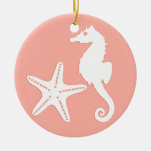 Seahorse & starfish - Light Coral Pink Ceramic Tree Decoration