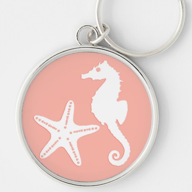 Seahorse & starfish - Light Coral Pink Key Ring (Front)