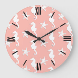 Seahorse & starfish - Light Coral Pink Large Clock