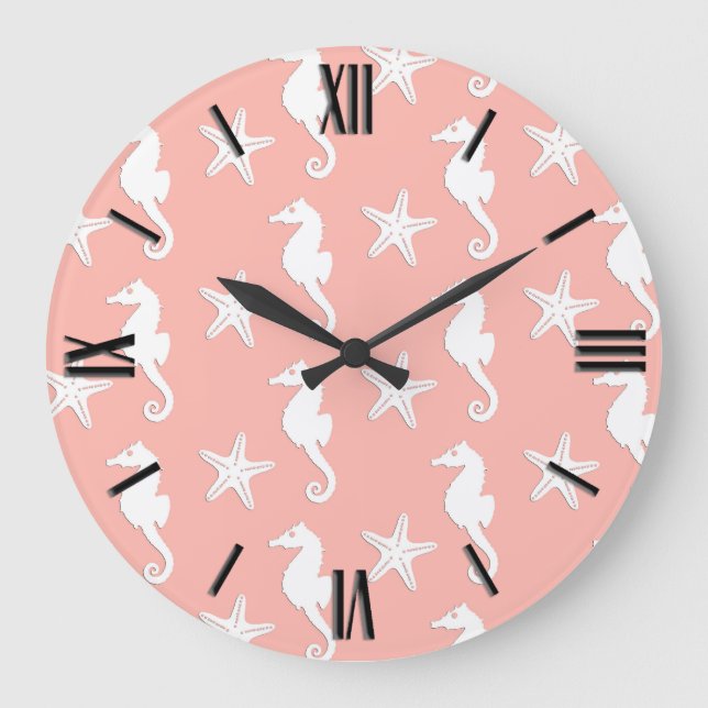 Seahorse & starfish - Light Coral Pink Large Clock (Front)