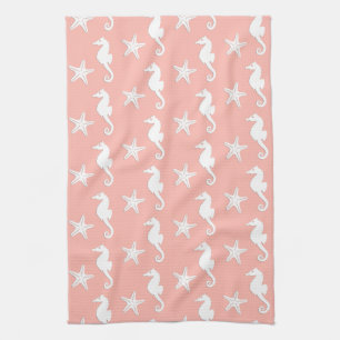 Seahorse & starfish - Light Coral Pink Tea Towel