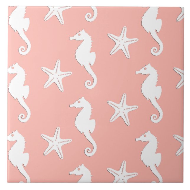 Seahorse & starfish - Light Coral Pink Tile (Front)