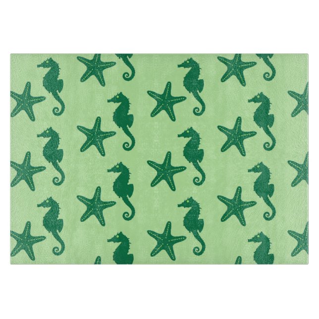 Seahorse & starfish - lime and emerald green cutting board (Front)